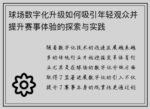 球场数字化升级如何吸引年轻观众并提升赛事体验的探索与实践
