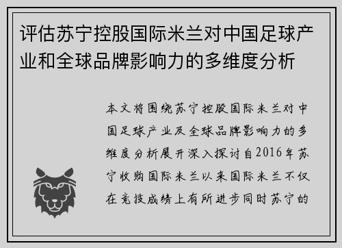评估苏宁控股国际米兰对中国足球产业和全球品牌影响力的多维度分析